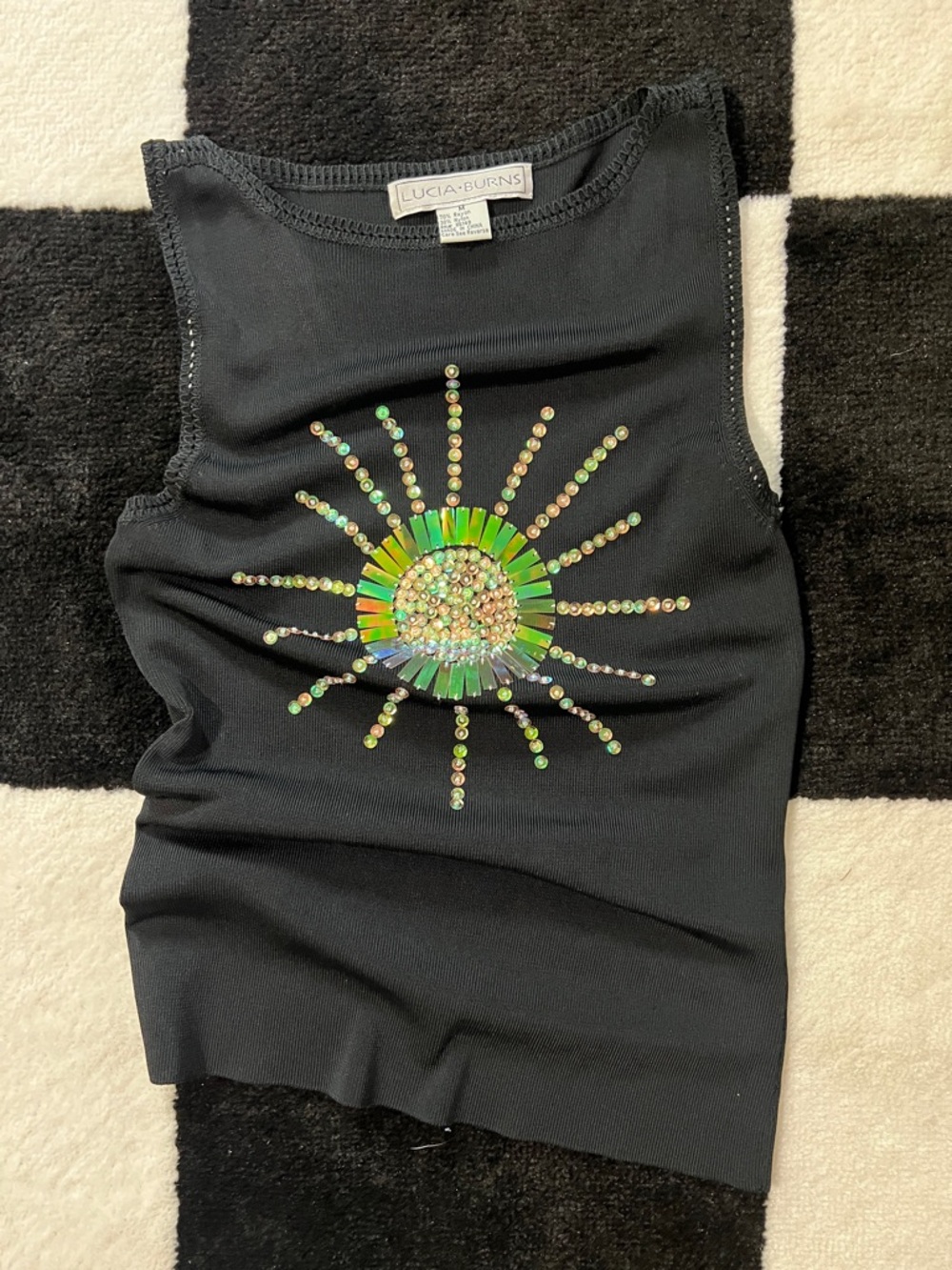 Lucia-Burns Black Tank Top with Iridescent Sunburst Embellishment